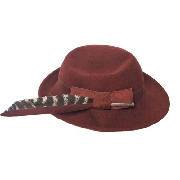 Chelton Cloche Hat Adult Medium Red Burgundy Feather Detail Vintage Flapper - Picture 3 of 12